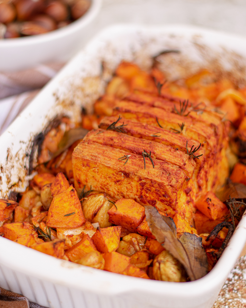 Assado de tofu com castanhas e&nbsp;abóbora