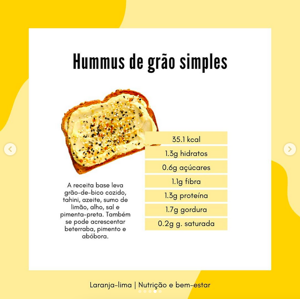 valores nutricionais para hummus natural de grao de bico