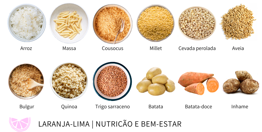 Cereais ou tuberculos: arroz, massa, cousocus, millet, cevada, inhame, batata-doce, trigo, quinoa, bulgur