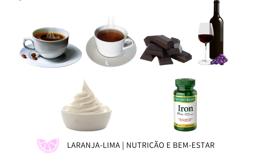 mau para absorcao de ferro: Café, Cafeína, Suplementos, Lacticínios, Chocolate, Vinho Tinto